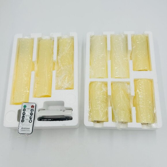 Set of 9 Flickering Pillar LED Flameless Candles Battery Operated with Remote - Picture 1 of 6